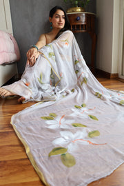 Elegant Hand Painted Chiffon Saree with Zari Border - Perfect for Special Occasions